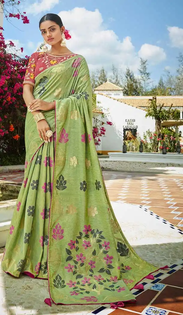 Chic Pista Green Color Jacquard Banarasi Silk Traditional Party Wear Saree -780195785