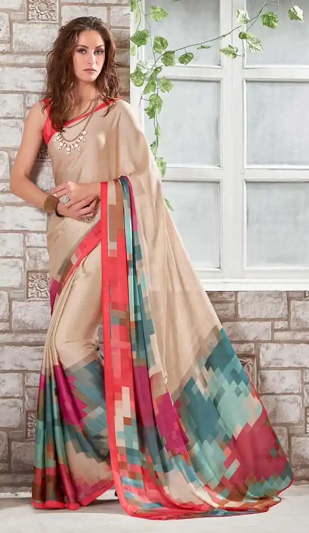Scintillating Beige Color Crepe Printed Casual Party Wear Saree -780595824