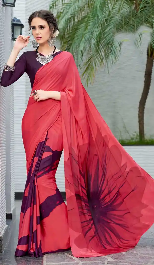 Tomato Red Color Crepe Printed Casual Party Wear Saree -780595828