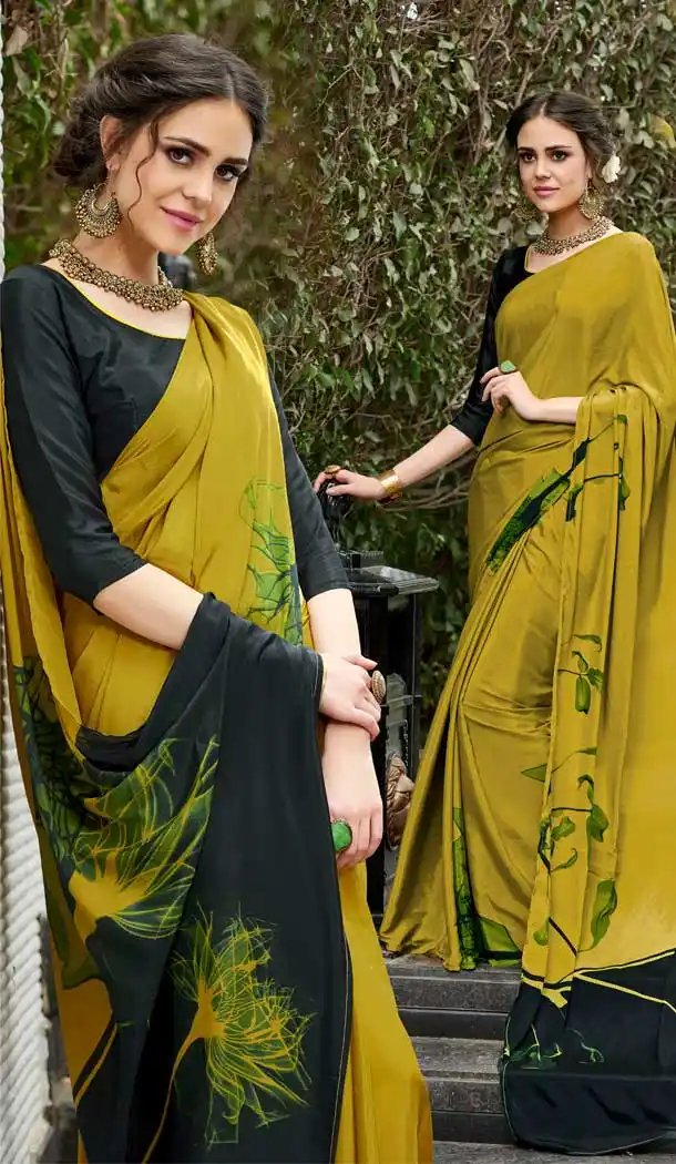 Olive Green Color Crepe Printed Casual Party Wear Saree -780595830