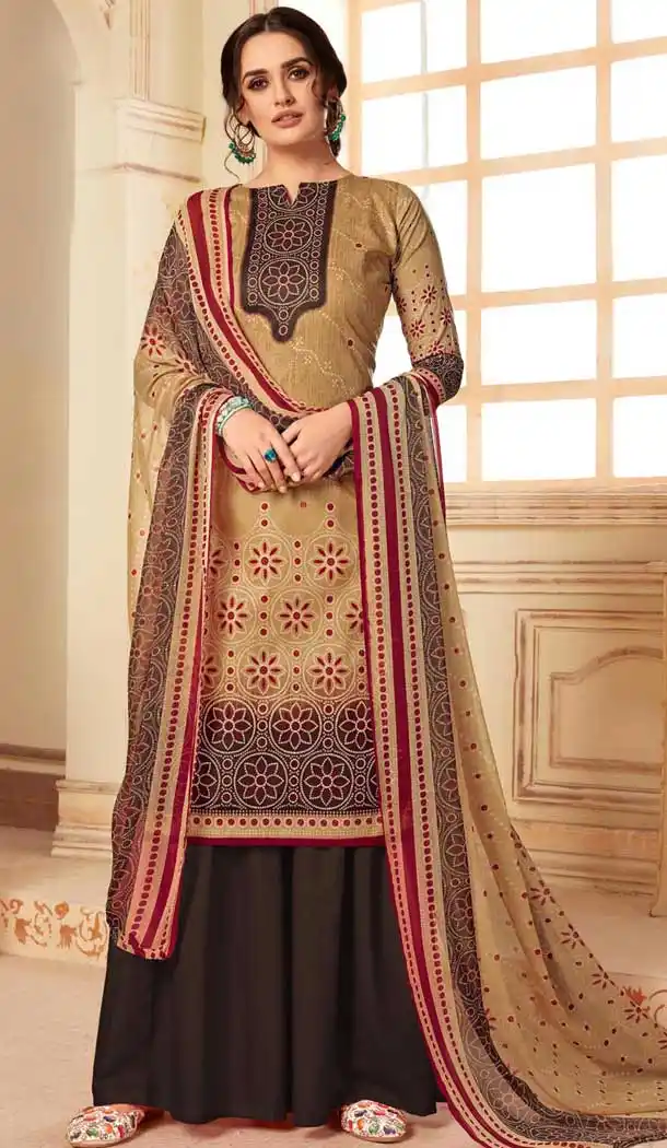 Gleaming Beige Color Pure Cotton Digital Style Palazzo Suit -780795854