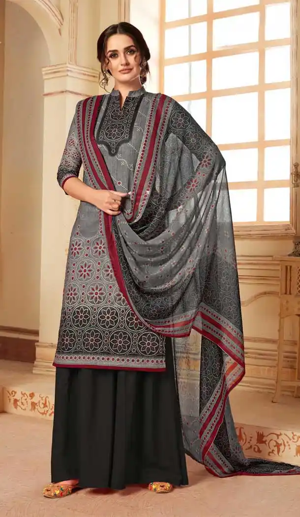 Attractive Grey Color Pure Cotton Digital Style Palazzo Suit -780795857