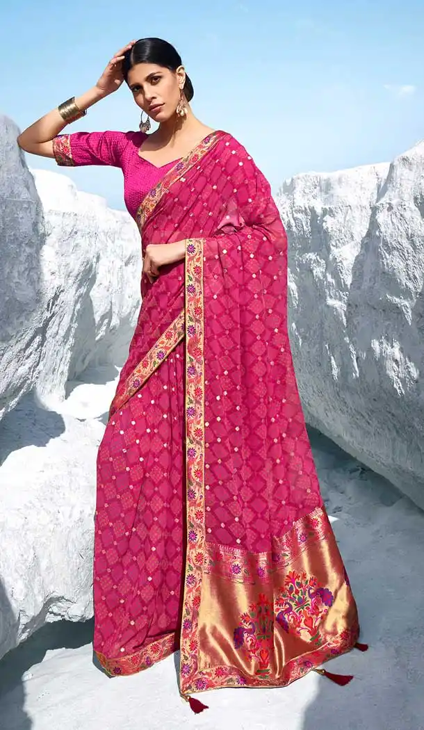 Contemporary Pink Color Georgette Short Jacquard Pallu Party Wear Saree -782196004