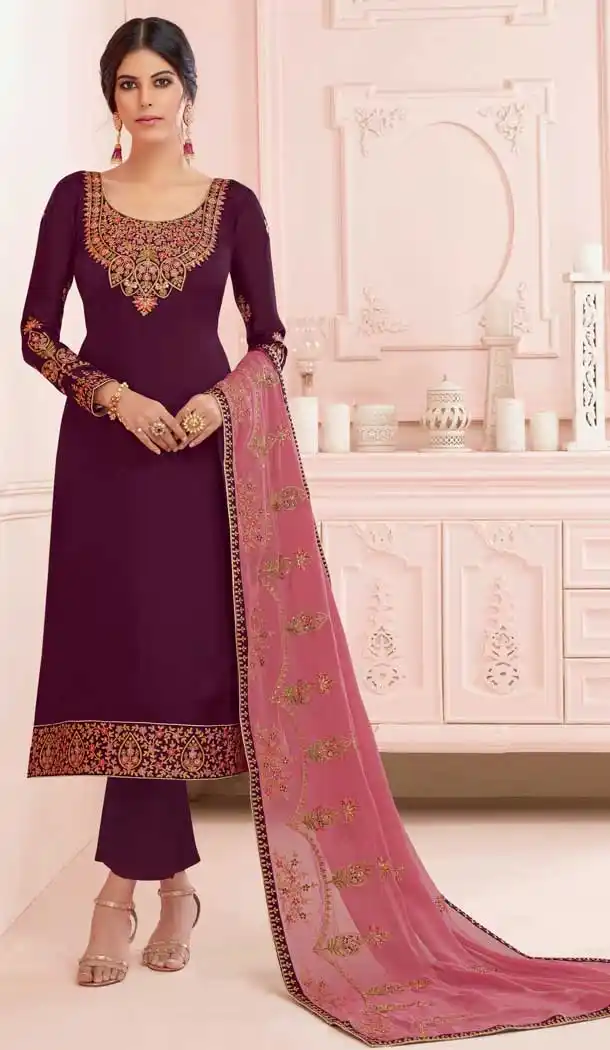 Gleaming Violet Color Premium Satin Georgette Party Wear Salwar Kameez -782296012
