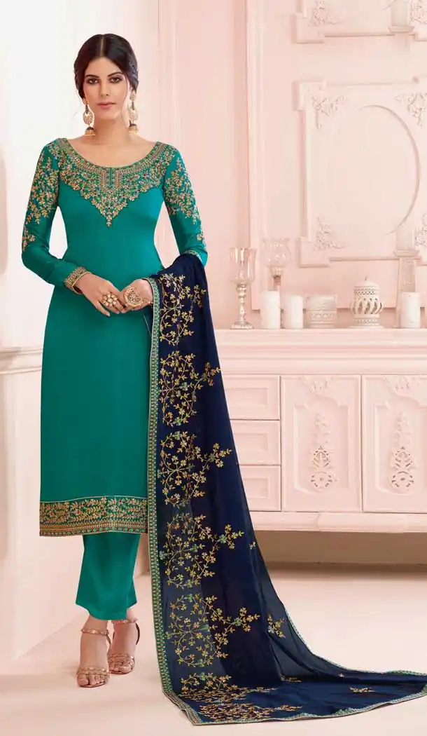 Attractive Green Color Premium Satin Georgette Party Wear Salwar Kameez -782296013