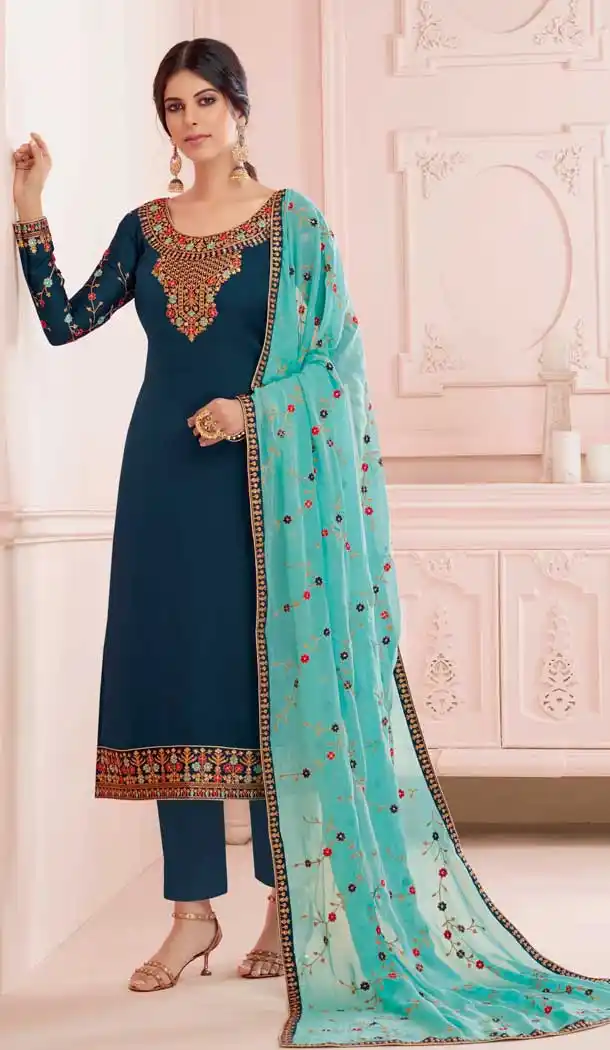 Fancy Teal Blue Color Premium Satin Georgette Party Wear Salwar Kameez -782296015
