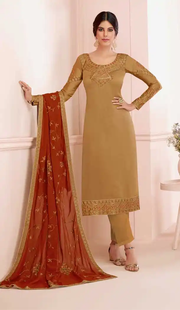 Exotic Golden Color Premium Satin Georgette Party Wear Salwar Kameez -782296016