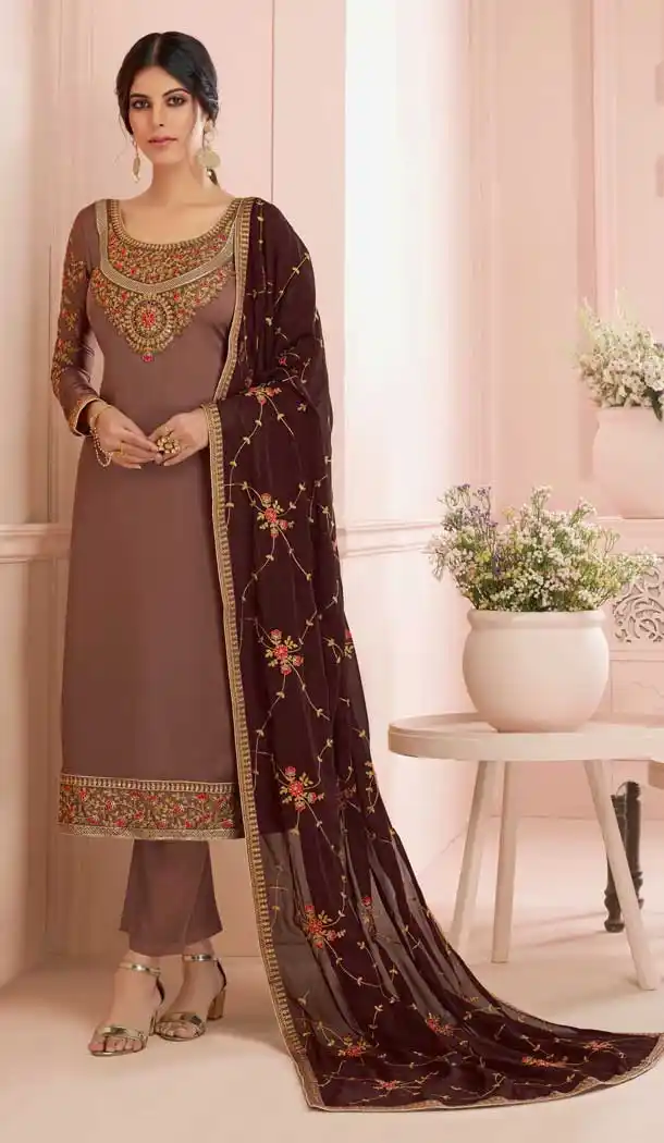 Light Coffee Color Premium Satin Georgette Party Wear Salwar Kameez -782296017