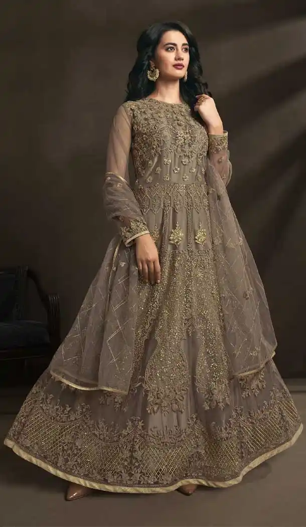 Dark Beige Color Net Heavy Designer Indo Western Salwar Kameez -782496026