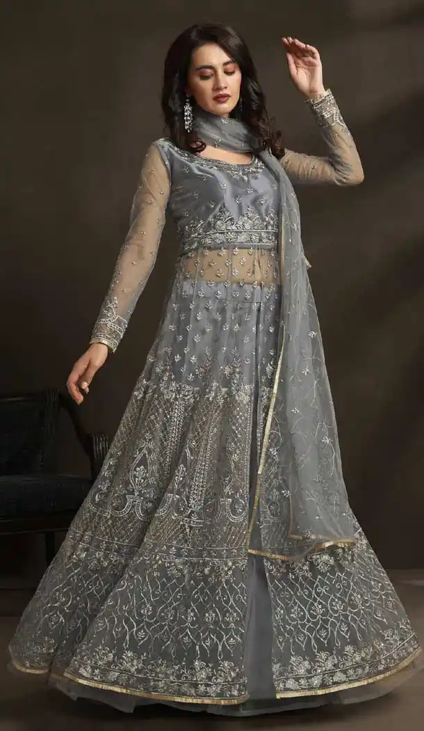 Ethnic Grey Color Net Heavy Designer Indo Western Salwar Kameez -782496028