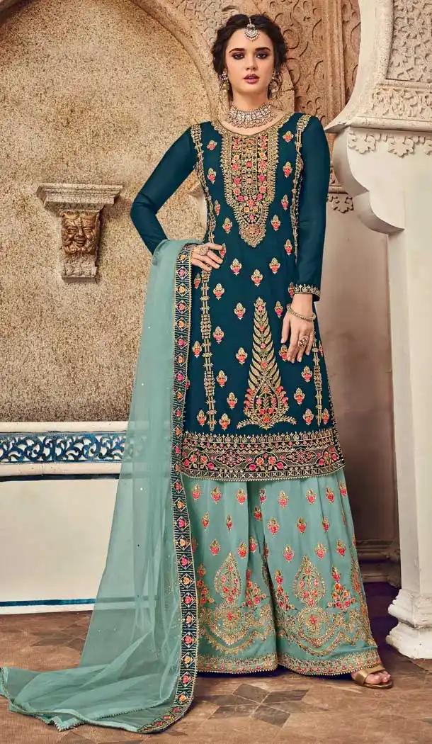 Teal Blue Color Baluming Georgette Heavy Designer Pakistani Style Plazzo Suit -782596031