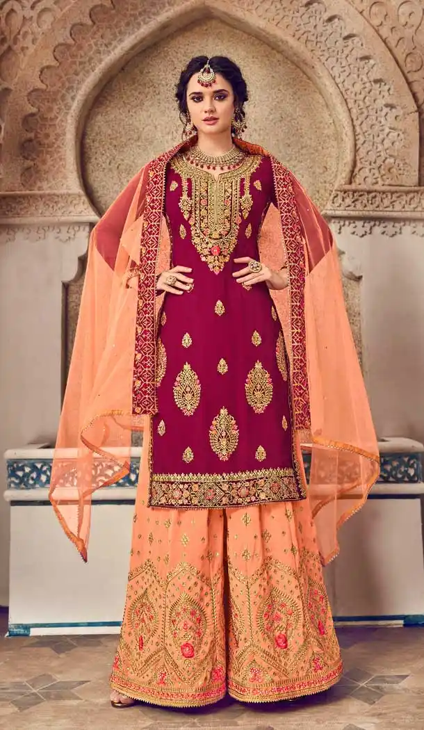 Dark Pink Color Baluming Georgette Heavy Designer Pakistani Style Plazzo Suit -782596032