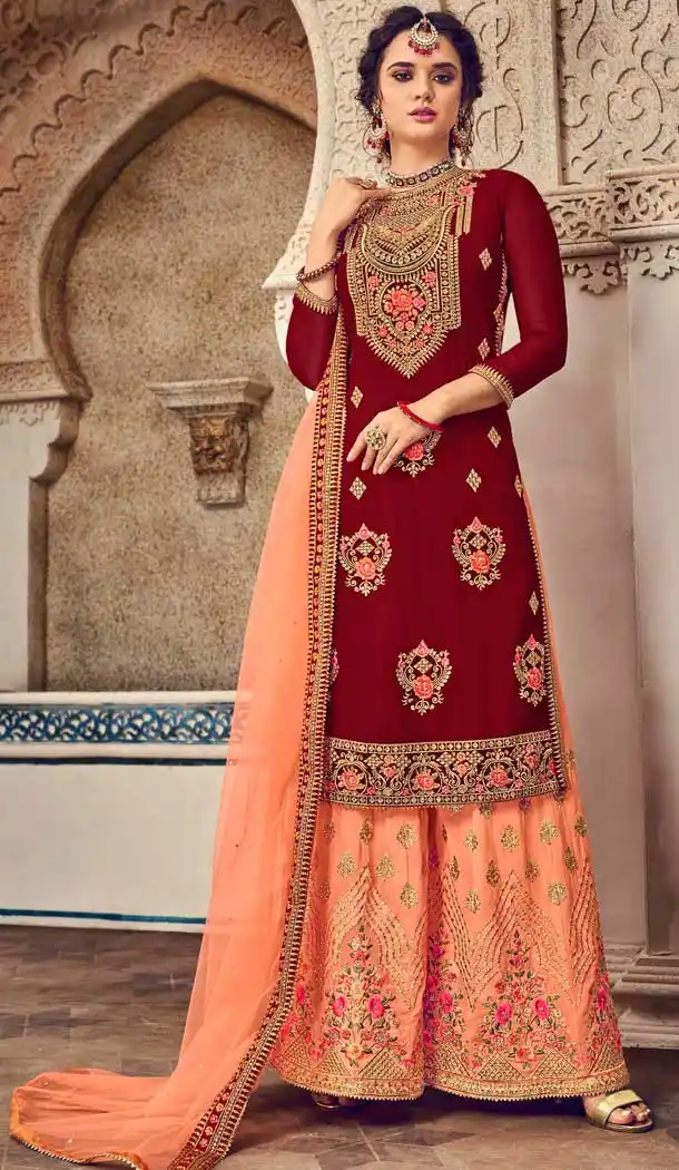 Maroon Color Baluming Georgette Heavy Designer Pakistani Style Plazzo Suit -782596034