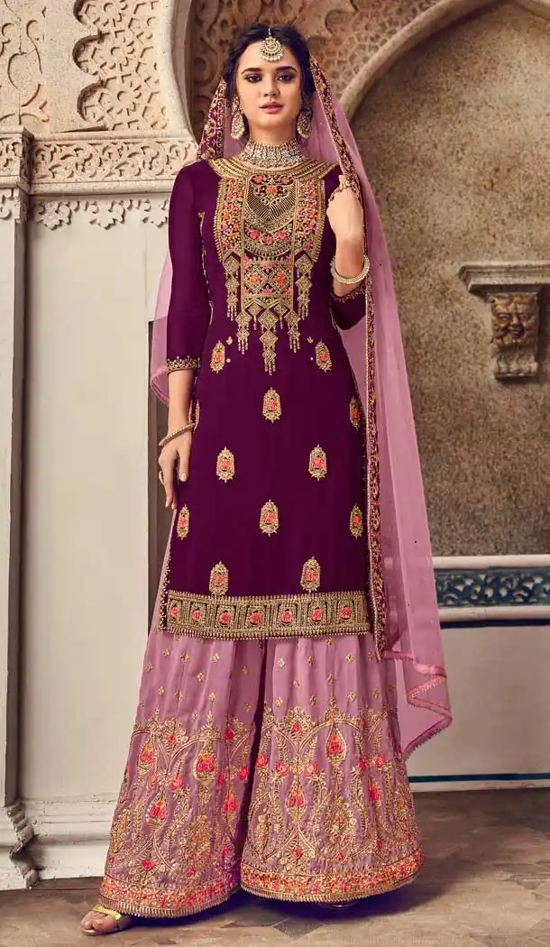 Purple Color Baluming Georgette Heavy Designer Pakistani Style Plazzo Suit -782596035