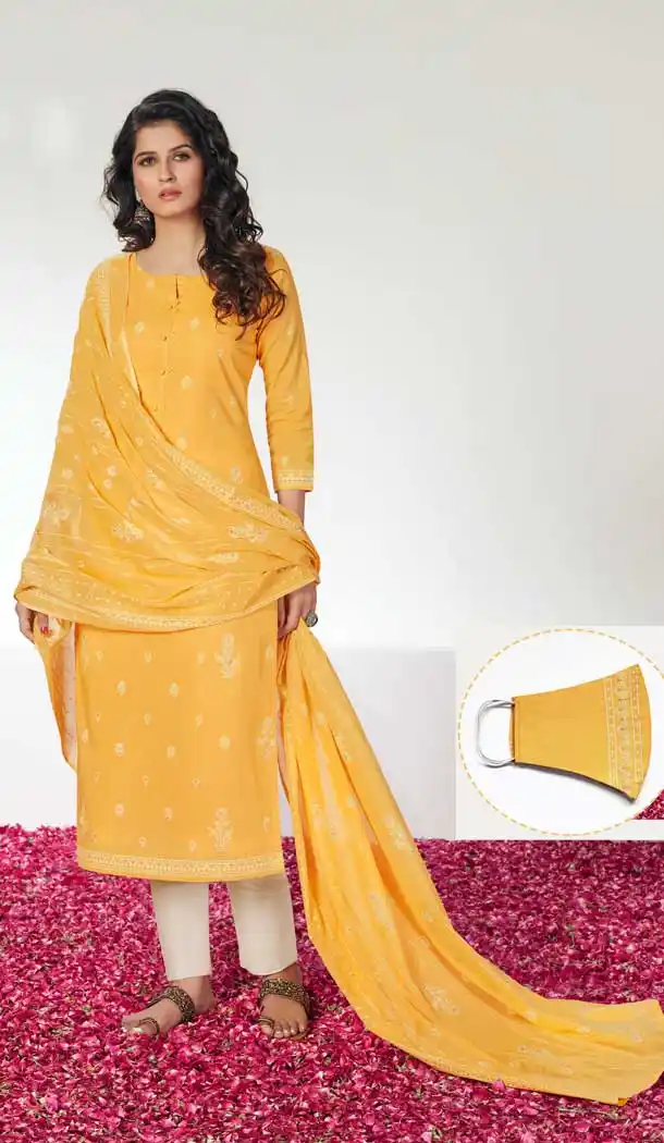 Yellow Color Pure Cotton Block Prints Casual Salwar Suit With Mask -782696037