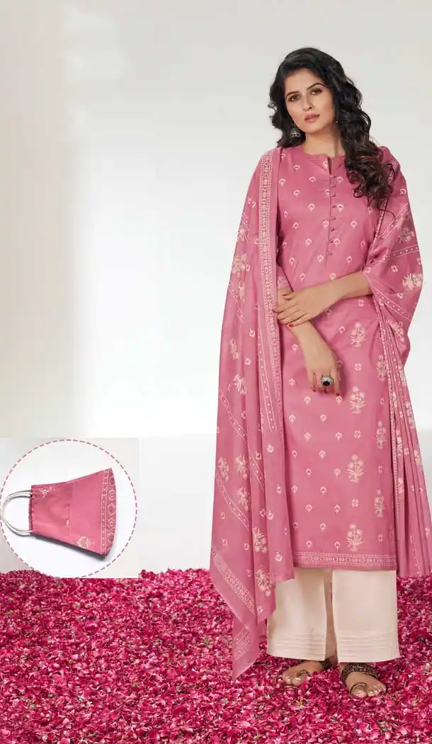 Old Rose Color Pure Cotton Block Prints Casual Salwar Suit With Mask -782696038