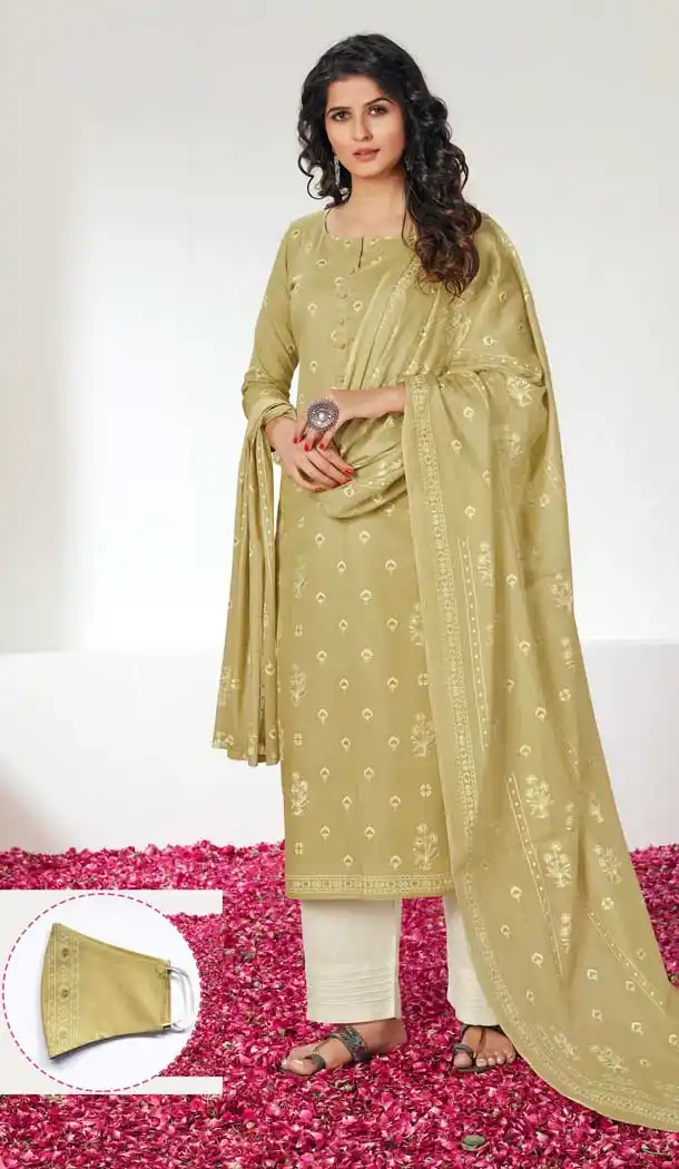 Pista Green Color Pure Cotton Block Prints Casual Salwar Suit With Mask -782696039