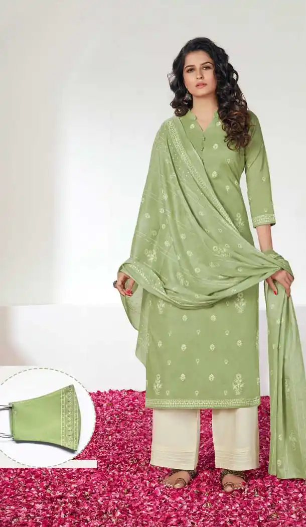 Sea Green Color Pure Cotton Block Prints Casual Salwar Suit With Mask -782696041