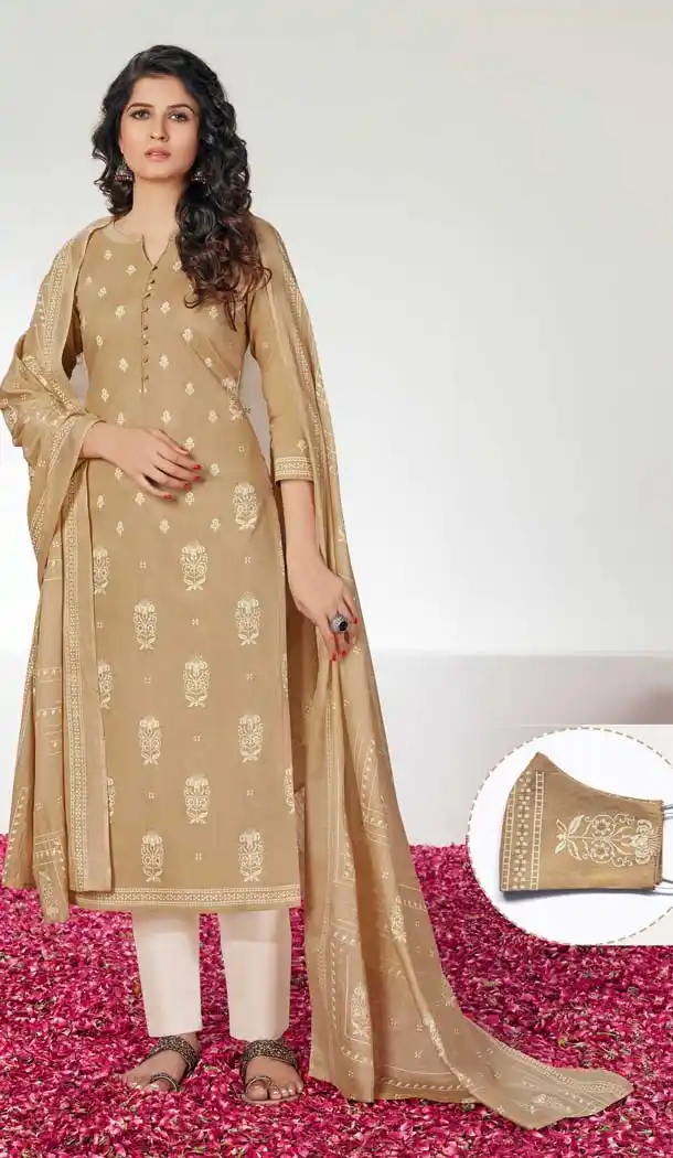 Beige Color Pure Cotton Block Prints Casual Salwar Suit With Mask -782696042