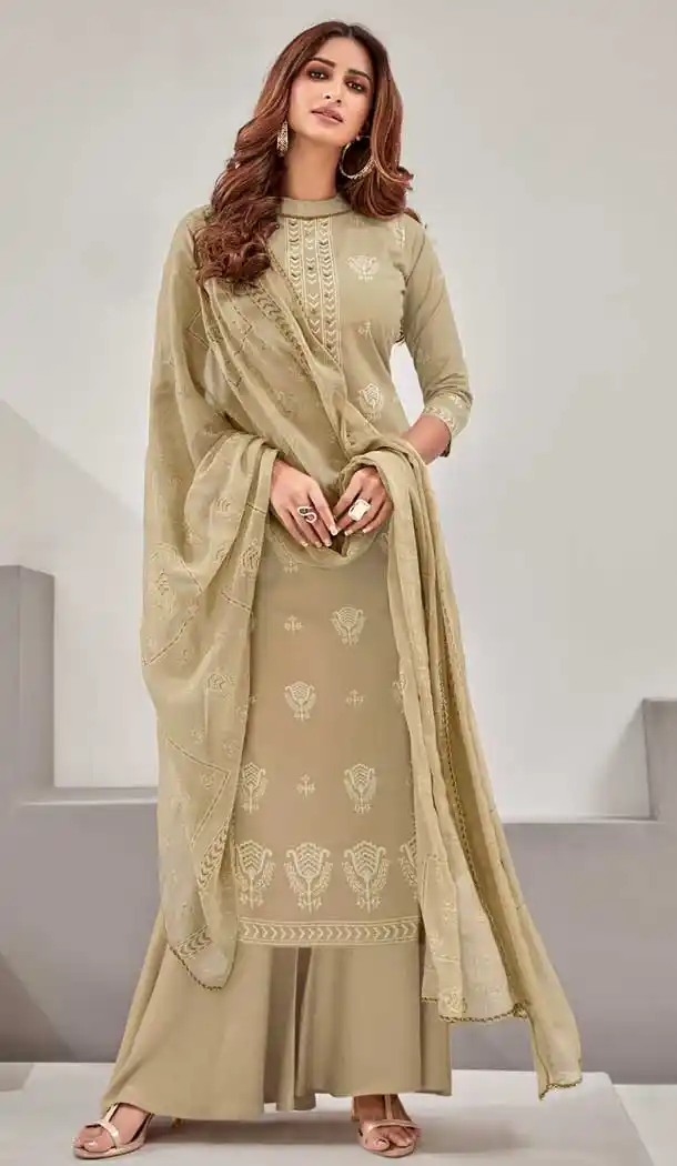 Adorable Beige Color Pure Lawn Cotton Casual Wear Palazzo Suit -782796050