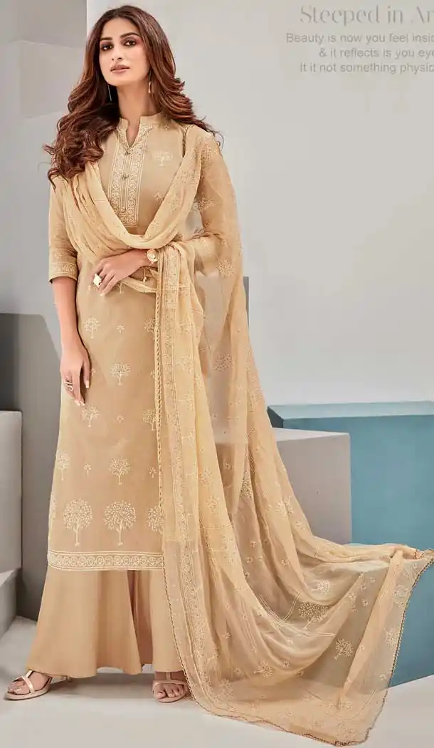 Glamorous Cream Color Pure Lawn Cotton Casual Wear Palazzo Suit -782796052