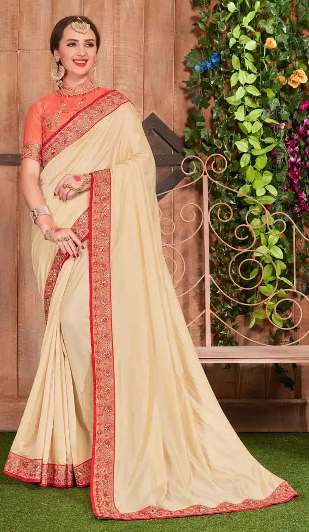 Exquisite Cream Color Fancy Heavy Dyed Traditional Party Wear Saree Blouse -782896059