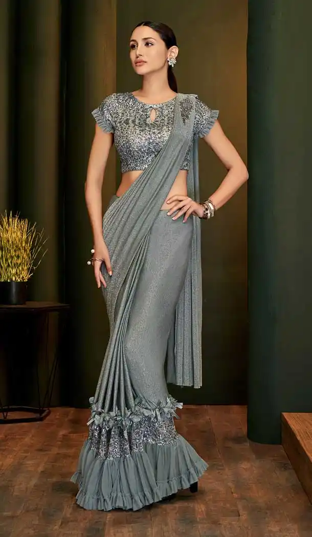 Gleaming Grey Color Fancy Lycra Designer Party Wear Readymade Saree Blouse -783296088