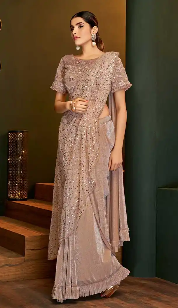 Light Brown Color Fancy Lycra Designer Party Wear Readymade Saree Blouse -783296093