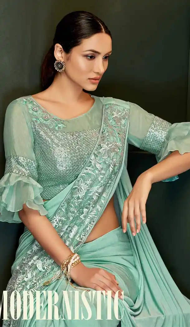 Sea Green Color Fancy Lycra Designer Party Wear Readymade Saree Blouse -783296094