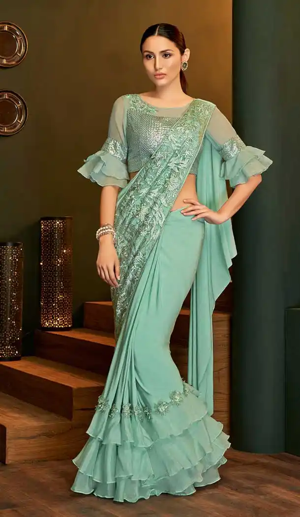 Sea Green Color Fancy Lycra Designer Party Wear Readymade Saree Blouse -783296094