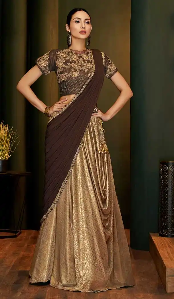 Gold Color Fancy Lycra Designer Party Wear Readymade Saree Blouse -783296097