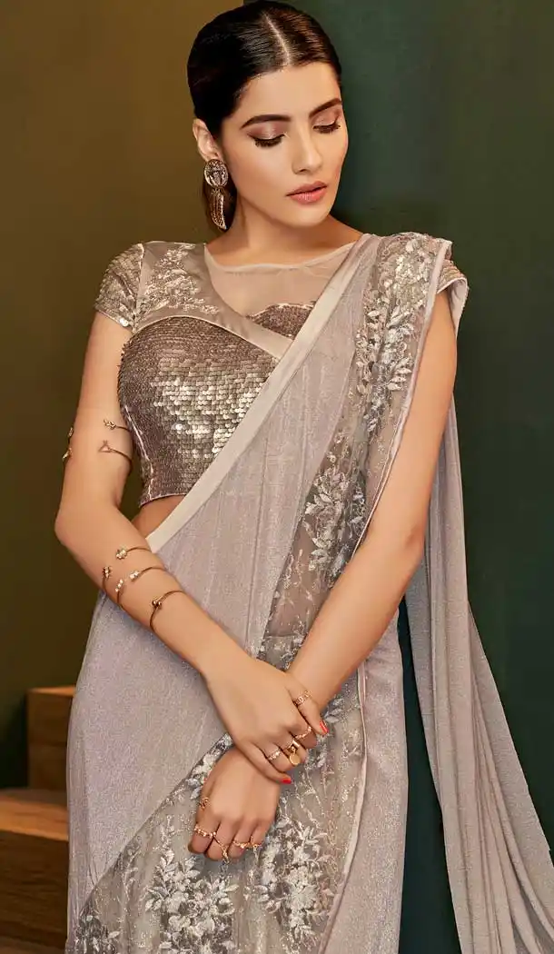 Light Grey Color Fancy Lycra Designer Party Wear Readymade Saree Blouse -783296099