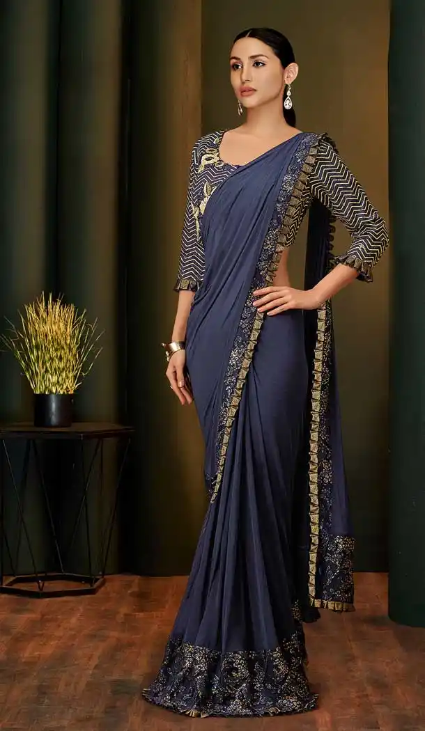 Blue Color Fancy Lycra Designer Party Wear Readymade Saree Blouse -783296104