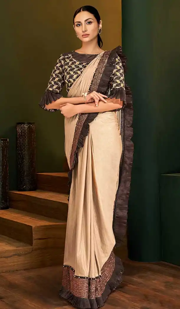 Cream Color Fancy Lycra Designer Party Wear Readymade Saree Blouse -783296105