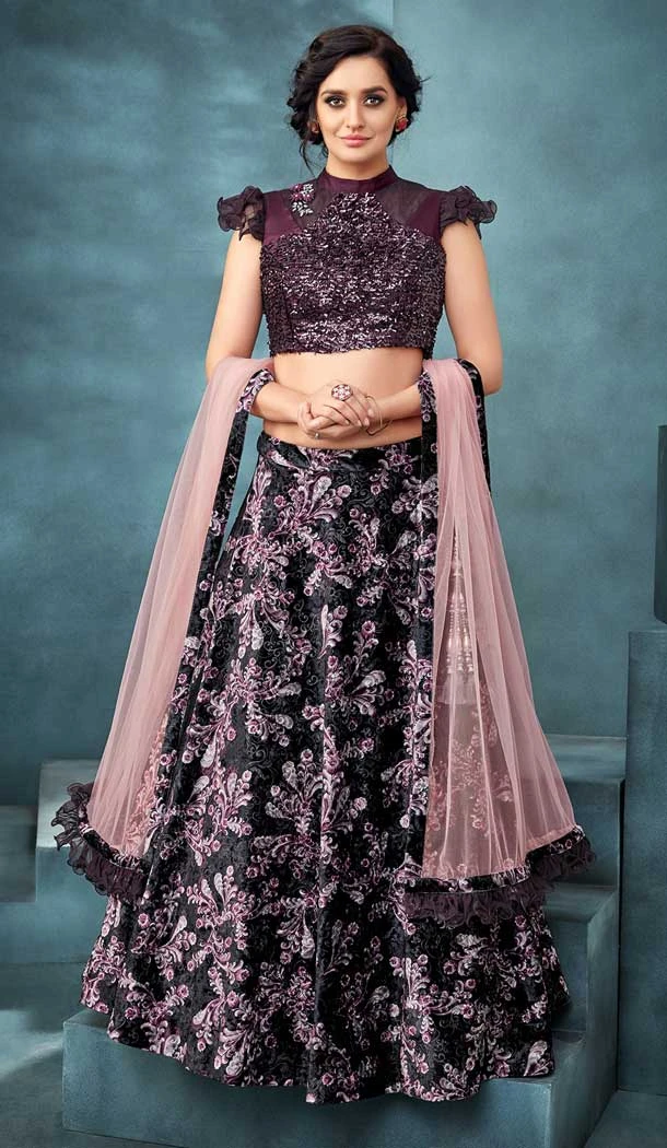 Wine Color Jacquard Velvet Heavy Designer Party Wear Bridal Lehenga Choli -784396169