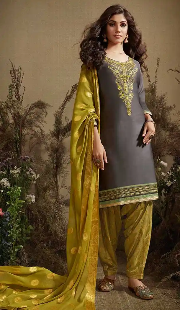 Scintillating Grey Color Cotton Party Wear Punjabi Patiyala Salwar Suit -784996225