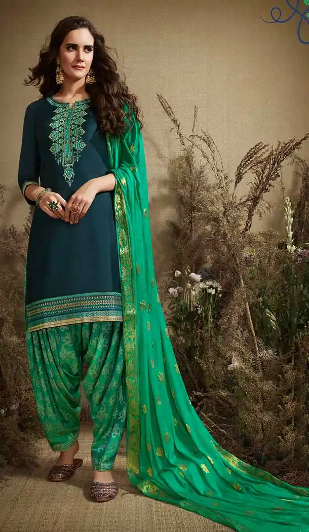 Glamorous Teal Blue Color Cotton Party Wear Punjabi Patiyala Salwar Suit -784996226