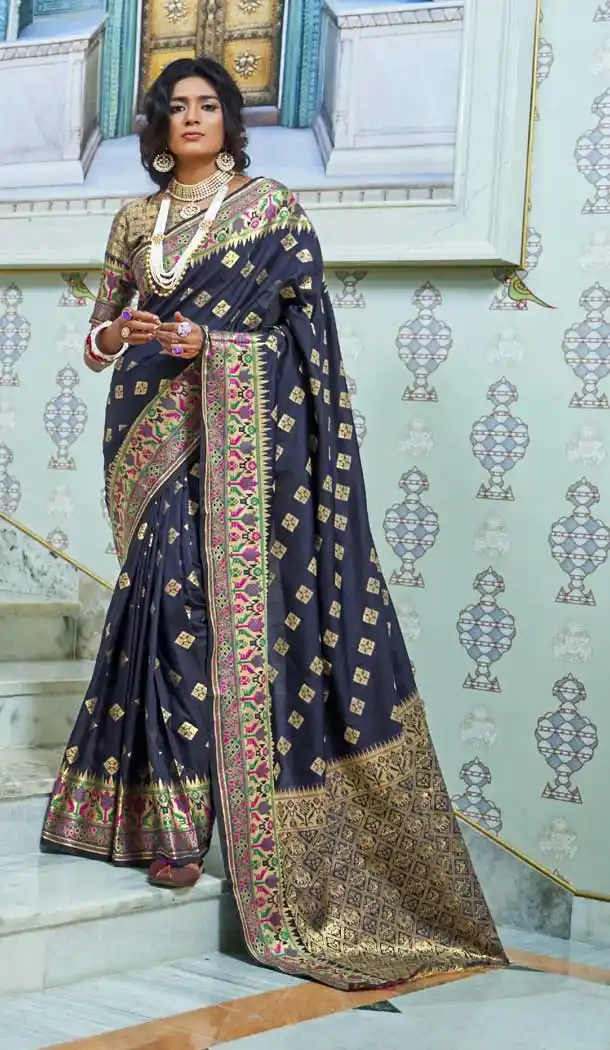Navy Blue Color Paithani Silk Border Classic Traditional Wear Silk Saree -785896285