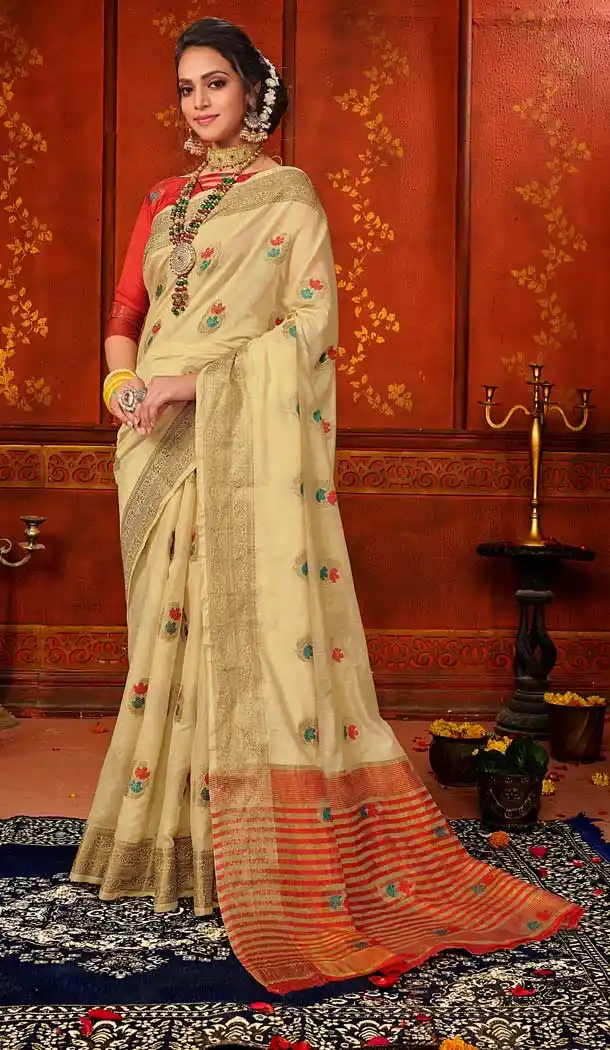 Elegance Cream Color Mina Art Silk Classic Casual Wear Silk Saree -786296319