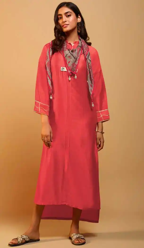 Gajari Color Naisa Silk Party Wear Designer Long Kurti With Scarf -786796351