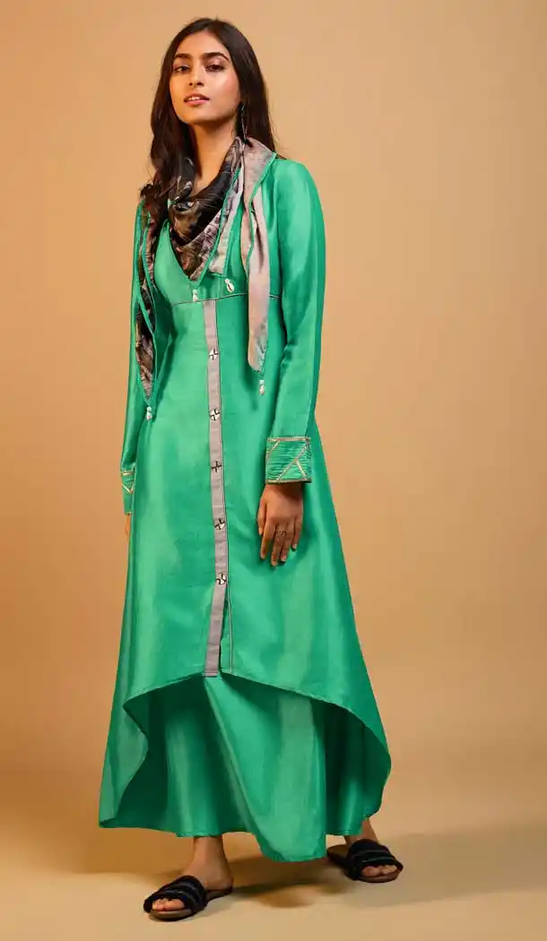 Exquisite Green Color Naisa Silk Party Wear Designer Long Kurti With Scarf -786796356