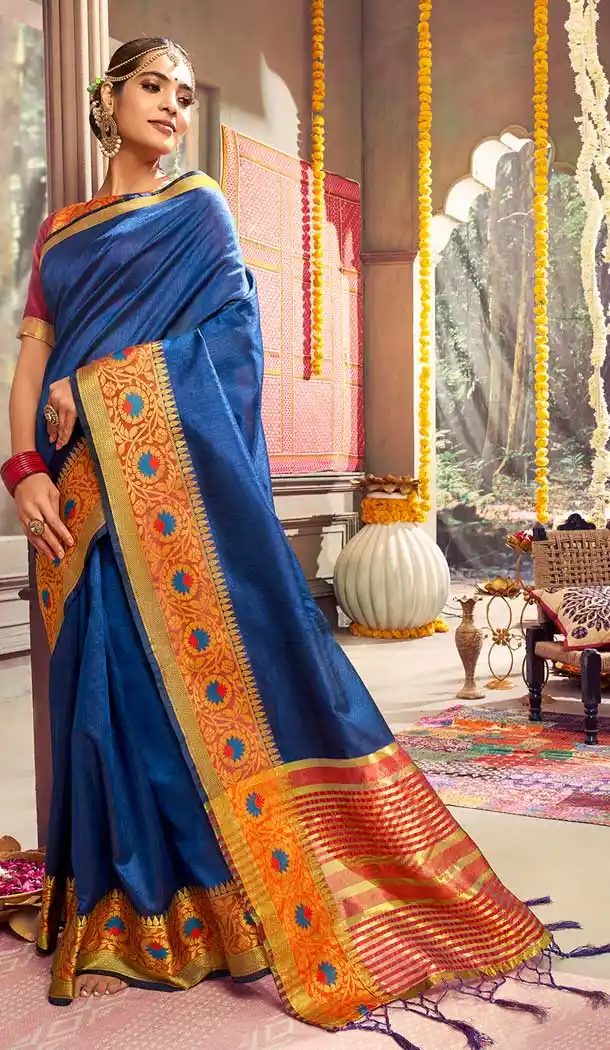 Royal Blue Color Crystal Gala Silk Casual Party Wear Saree Blouse -788396493