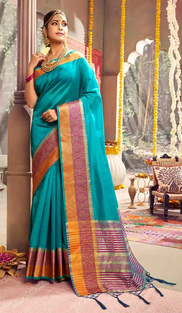 Sky Blue Color Crystal Gala Silk Casual Party Wear Saree Blouse -788396497