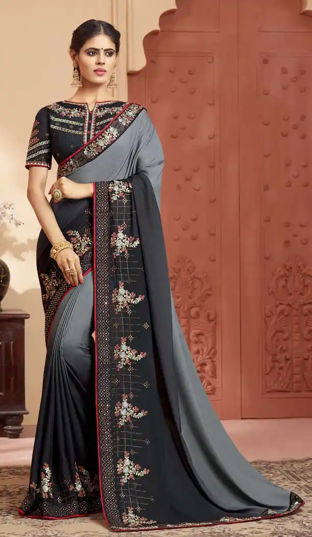Ethnic Grey Color Georgette Heavy Designer Wear Traditional Saree -789496634