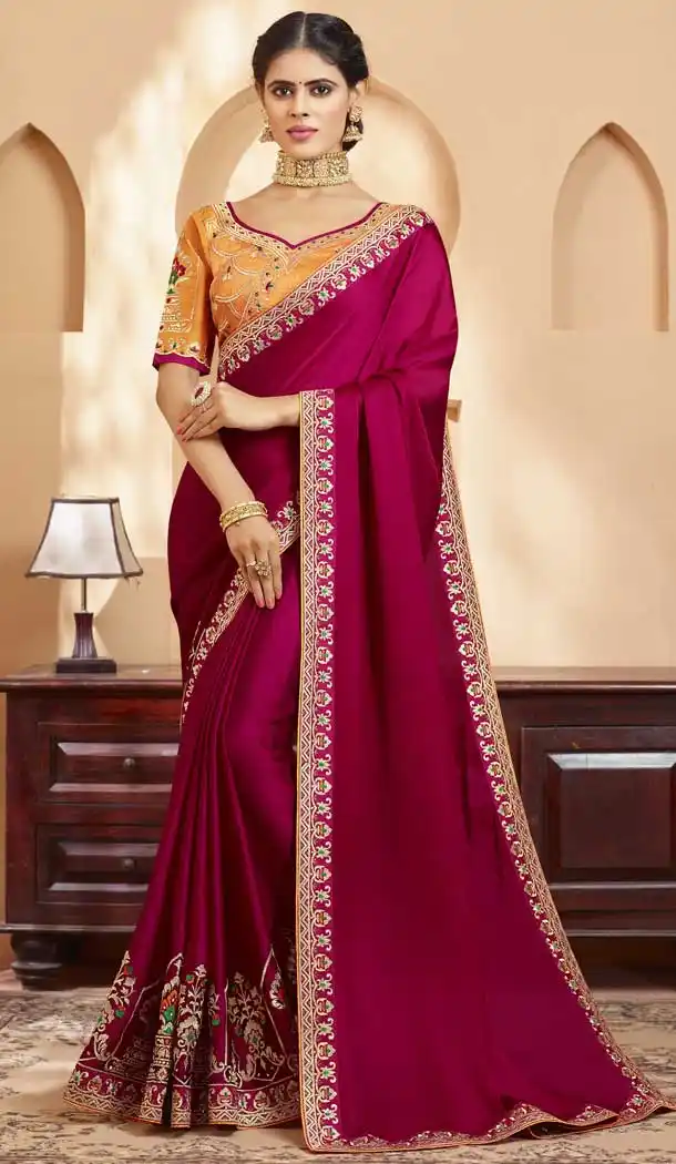 Rose Pink Color Georgette Heavy Designer Wear Traditional Saree -789496635