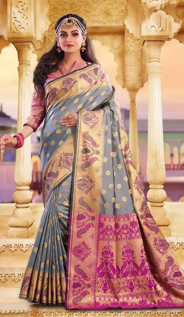 Scintillating Grey Color Silk Heavy Designer Party Wear Classic Saree -790196699