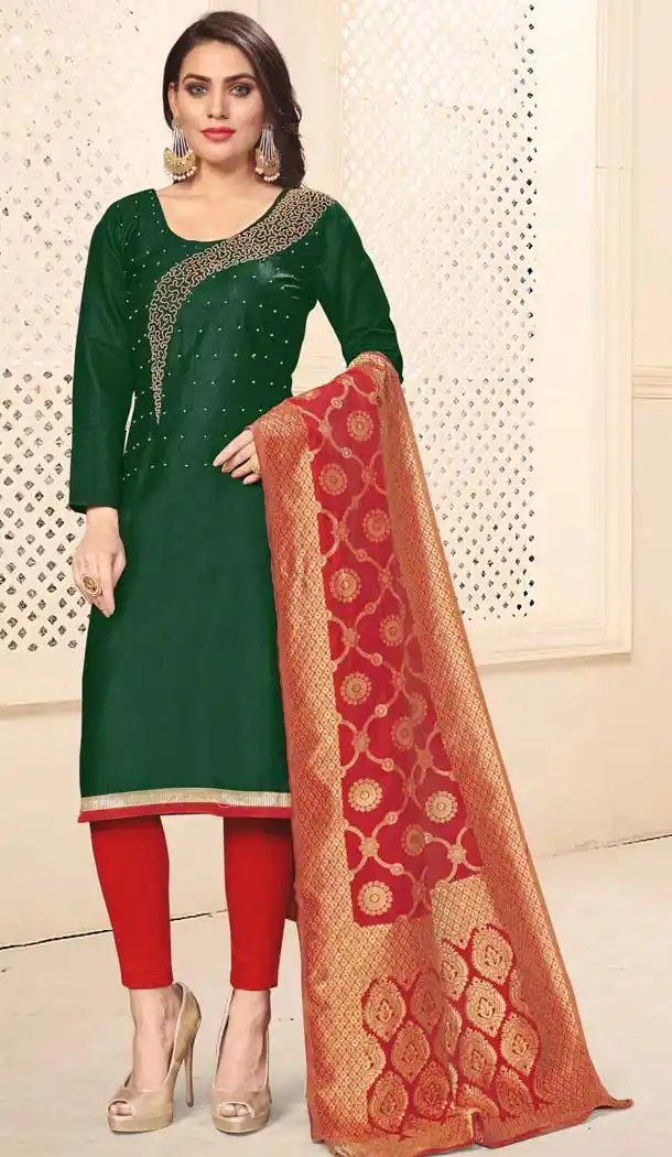 Pakistani Green Color Jaam Cotton Casual Office Wear Salwar Kameez -793597005