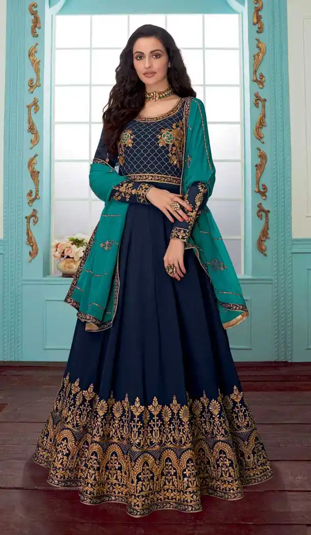 Navy Blue Color Georgette Designer Long Anarkali Salwar Kameez -fz6575318