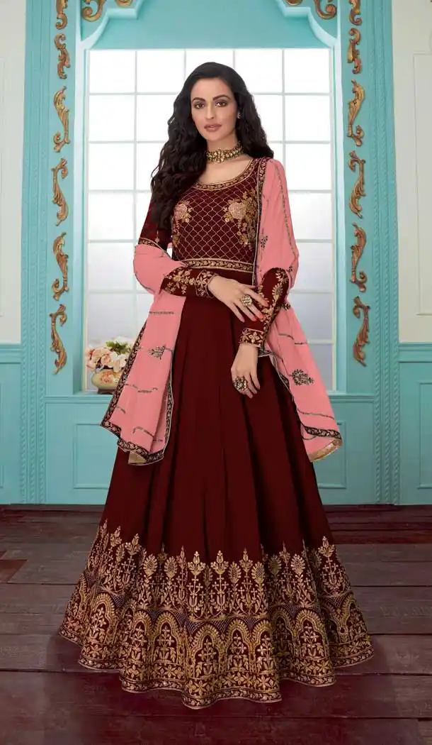 Maroon Color Georgette Designer Long Anarkali Salwar Kameez -fz6575320