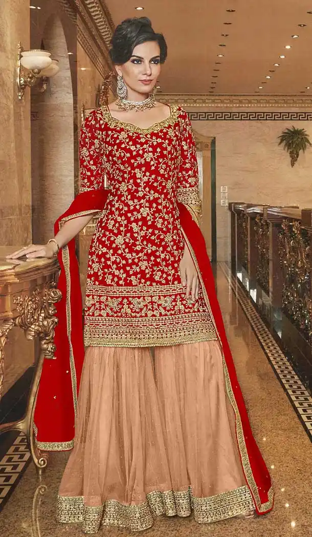 Red Color Soft Net Designer Pakistani Style Sharara Salwar Suit -fz6625350